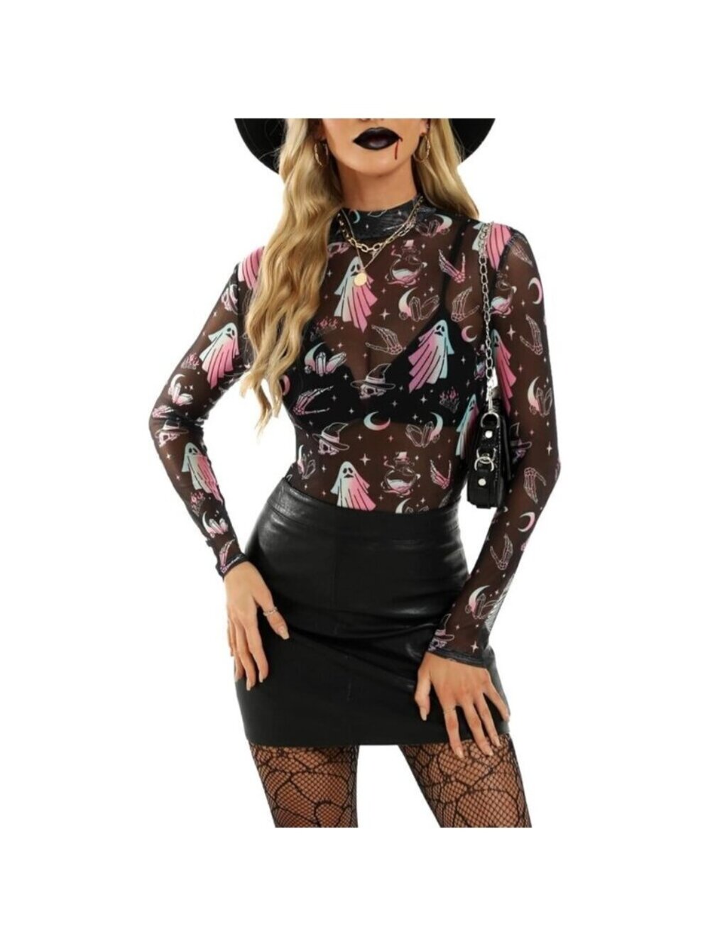 Women Black Specter Long Sleeve Mock Neck Fitted Sexy See Through Mesh Tops